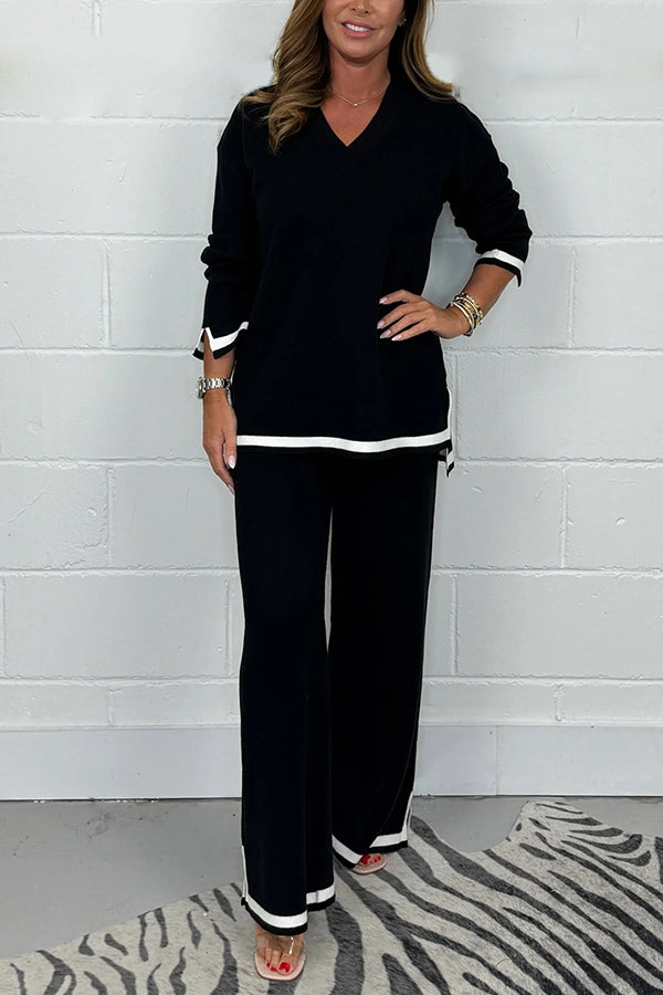 Color V-neck Long-sleeved Loose Top and Elastic Waist Wide-leg Pants Set