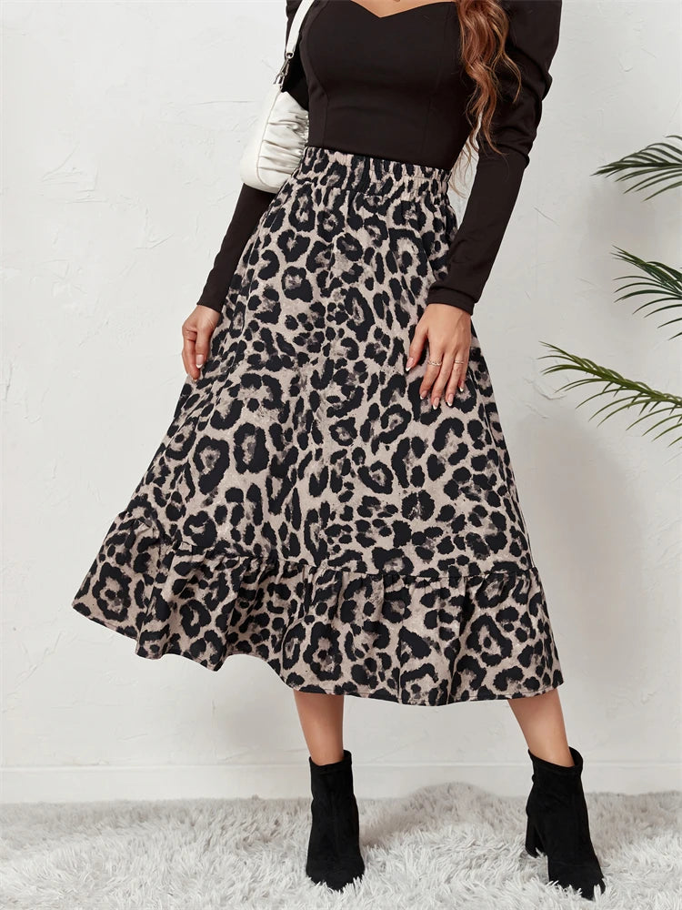 High Waist Leopard Midi Skirt for Printed Long Tulle Skirt Autumn New Chiffon A-line Skirt