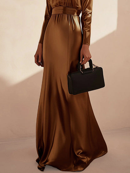 Long Sleeves Loose Pleated Shiny Color Split-joint Tied Waist High Neck Evening Dresses Maxi Dresses