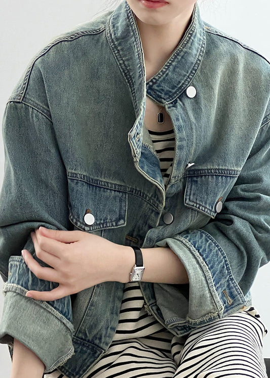 Blue Stand Collar Pockets Denim Short Coat Fall Af1029