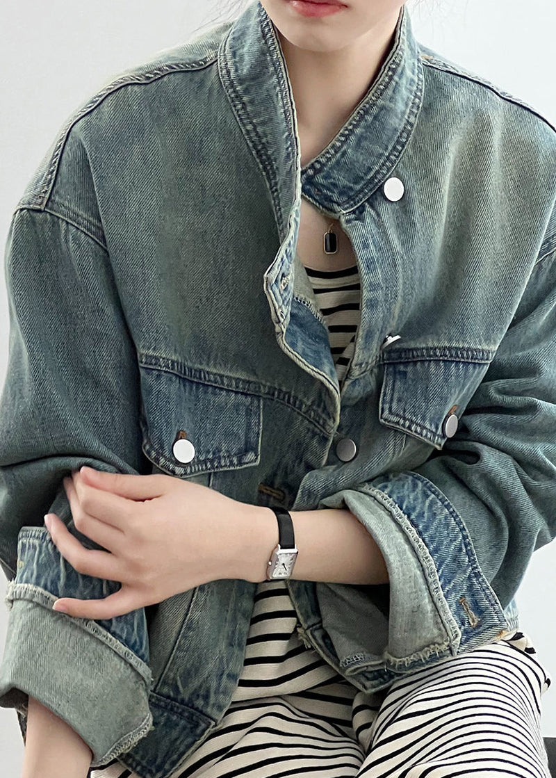 Blue Stand Collar Pockets Denim Short Coat Fall Af1029