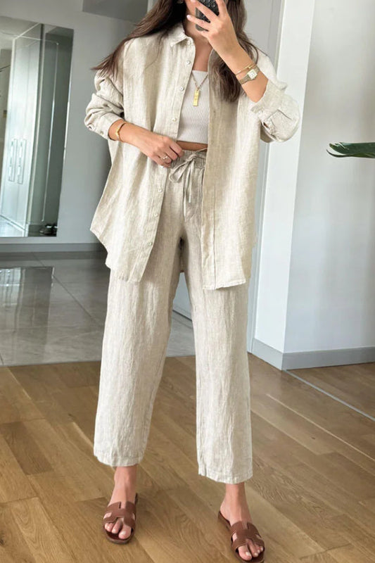 Cotton Linen Shirt & Cropped Pants Two-piece Set