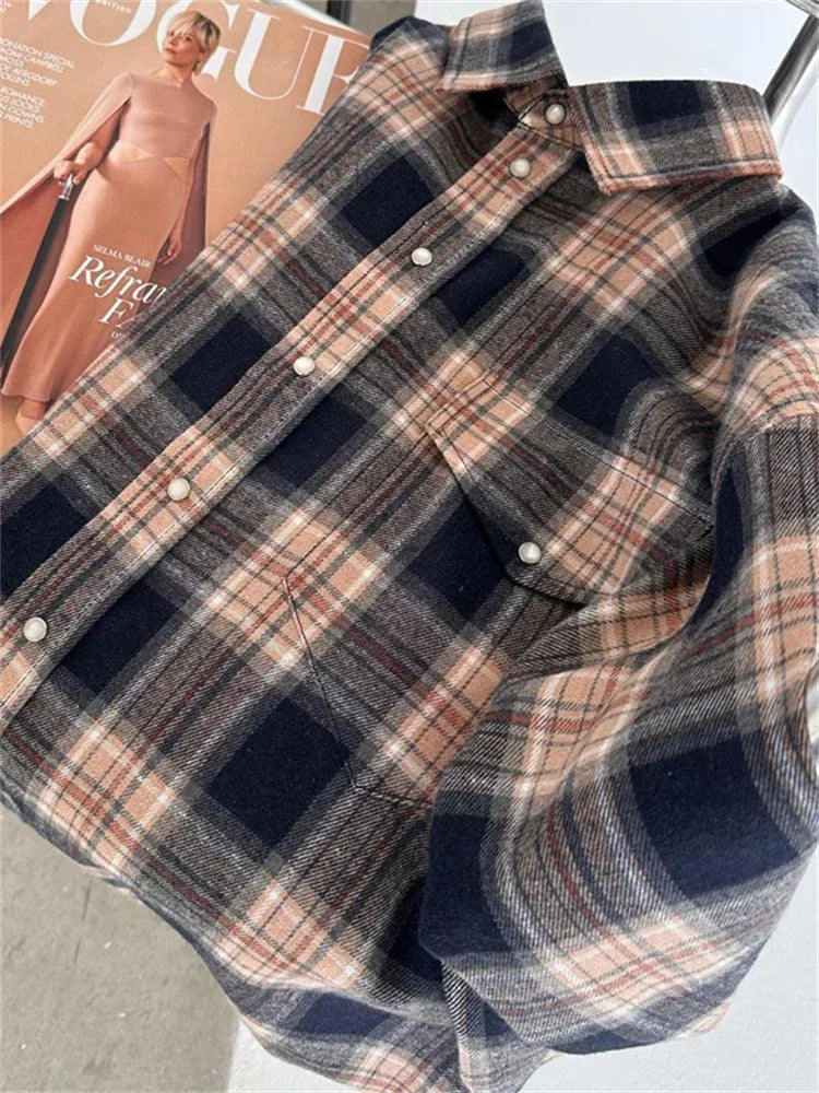 Lapel Autumn Shirts Outwear Contrast Long Sleeve Patchwork Coat Cardigan Female Shirts