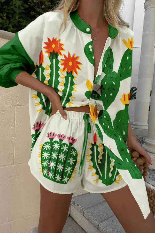 Contrasting Cactus Print Button Pocket Lace Up Shorts Set