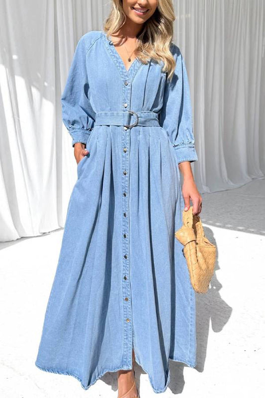 Waist Button-down Denim Maxi Dress