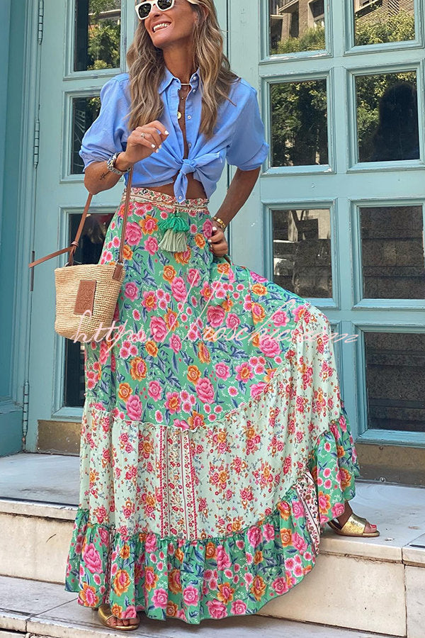 Audrina Print Elastic Waist Tassel Maxi Skirt