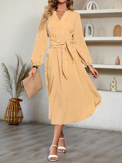A-line Long Sleeves Striped Tied Waist V-neck Midi Dresses Shirt Dress