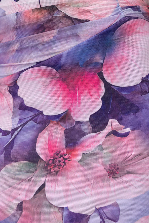 Deja Mesh Overlay Print One Shoulder Ruched Stretch Maxi Dress