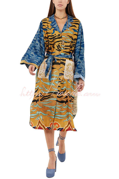 Tropical Jungle Tiger Unique Print Long Sleeve Belt Pocketed Kimono Coat