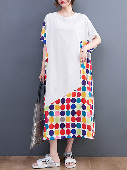 Loose Short Sleeves Multi-colored Polka-dot Split-joint Round-neck Midi Dresses