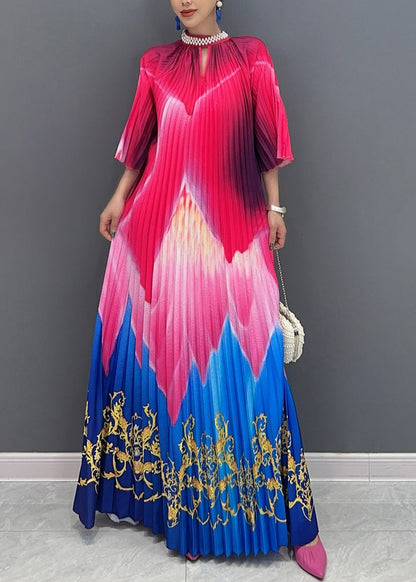 Red Blue Patchwork Print Sashes Maxi Dresses Half Sleeve Ao1041
