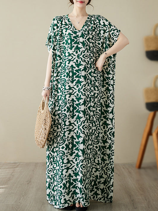 Batwing Sleeves Loose Printed V-neck Maxi Dresses