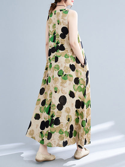 Loose Sleeveless Printed Split-joint Round-neck Maxi Dresses