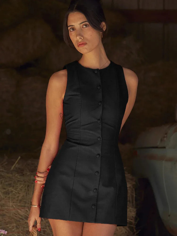 Sleeveless Mini Dress for New O Neck Single-btrasted Bodycon Club Party Tank Dress Femme Clothes