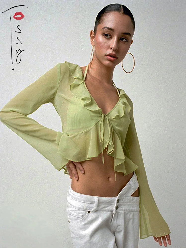 Ruffle Blouse See-through Lace V-neck Tops for Long Sleeve Summer Shirt Party Beach Cropped Top