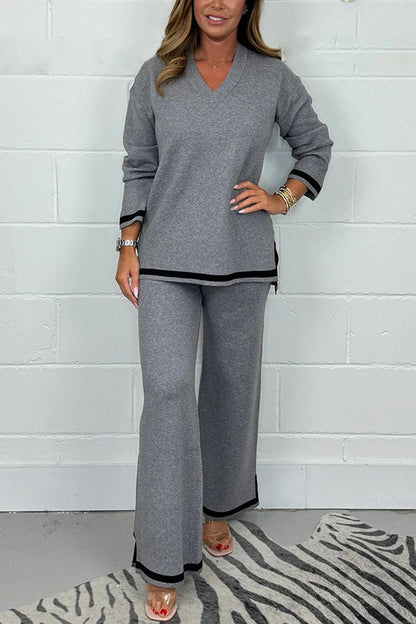 Color V-neck Long-sleeved Loose Top and Elastic Waist Wide-leg Pants Set