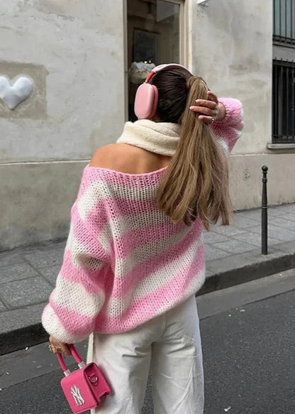 Relaxed Striped Knit Off-shoulder Sweater