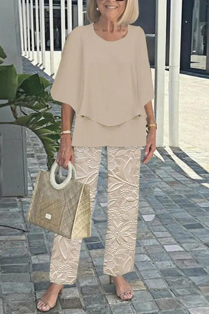 Round Neck Half Sleeve Loose Top and Elastic Waist Straight Pants Set