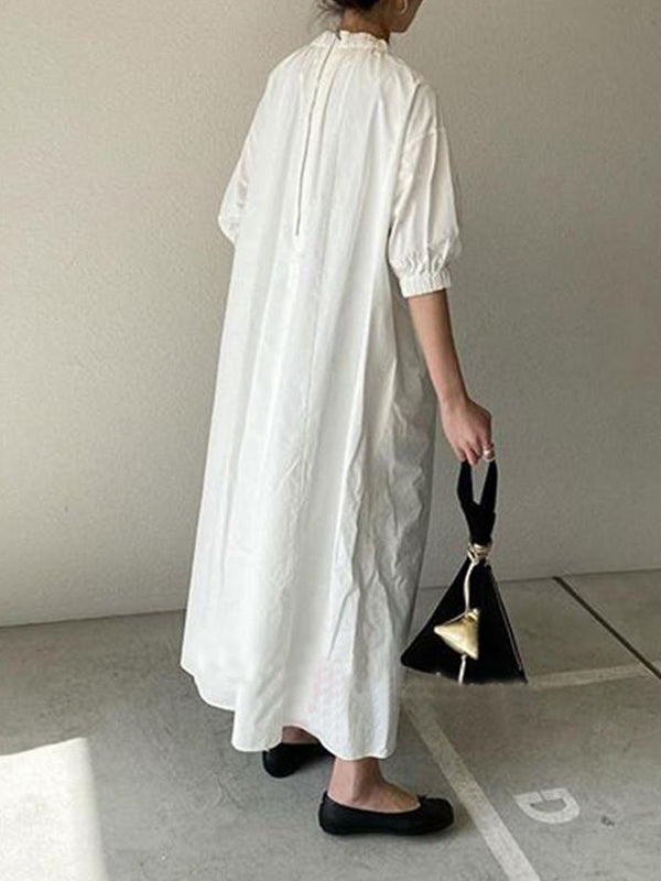 Loose Puff Sleeves Pleated Split-joint Zipper Stand Collar Maxi Dresses Shirt Dress