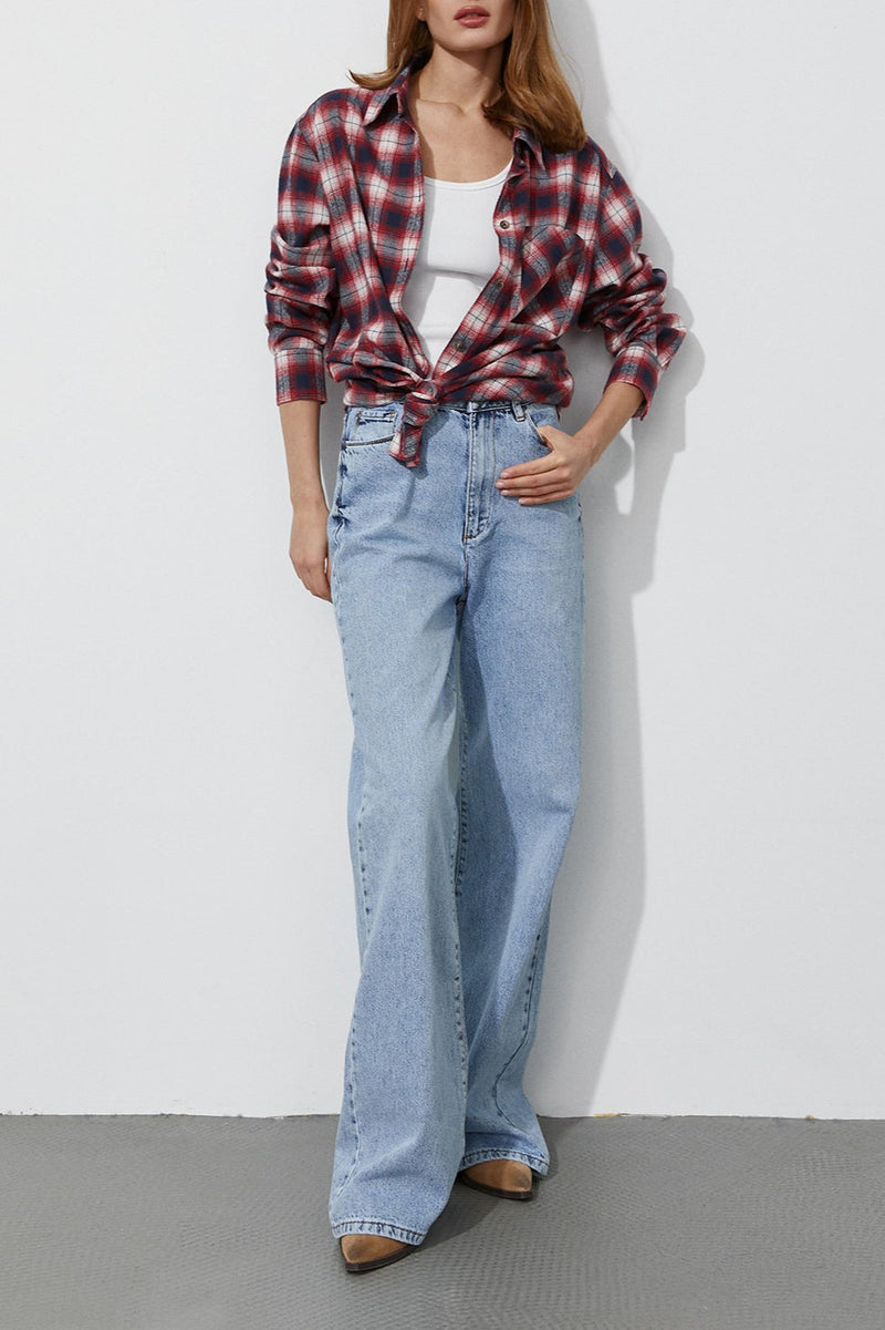 Cotton Plaid Oversized Shirt Blouse