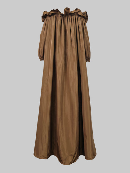 Loose Puff Sleeves Falbala Pleated Color Off-the-shoulder Maxi Dresses