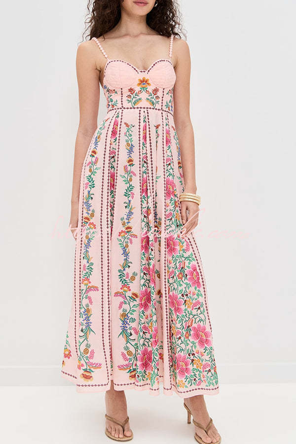 Delicate Forest Unique Print Sweetheart Neck Beaded Straps Maxi Dress