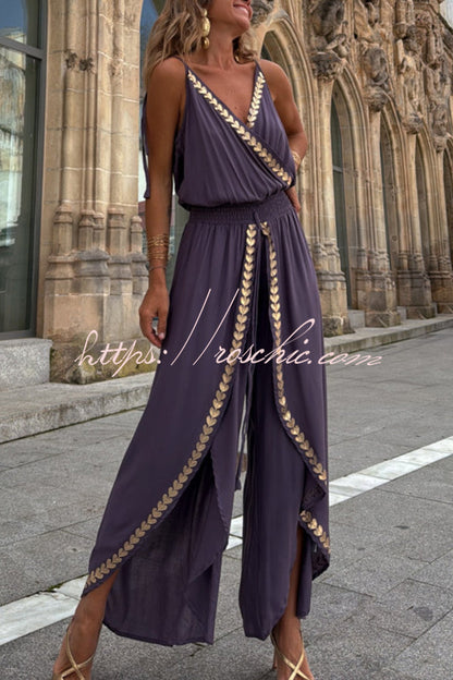 Tamia Gold Trim Elastic Waist Slit Wide Leg Slip Jumpsuit