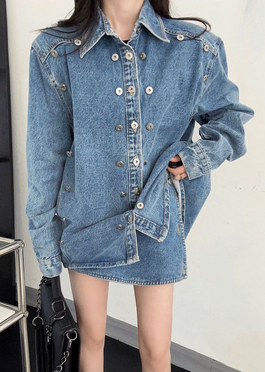 French Blue Peter Pan Collar Button Denim Two-piece Set Fall Ee005