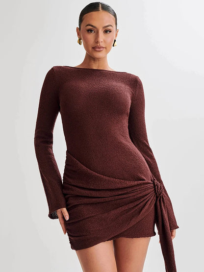 Draped Backless Knit Mini Dress for Long Sleeve Ruched Dress Knitwear