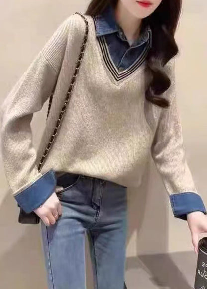 New Khaki False Two Pieces Patchwork Knit Sweaters Top Fall Qc050