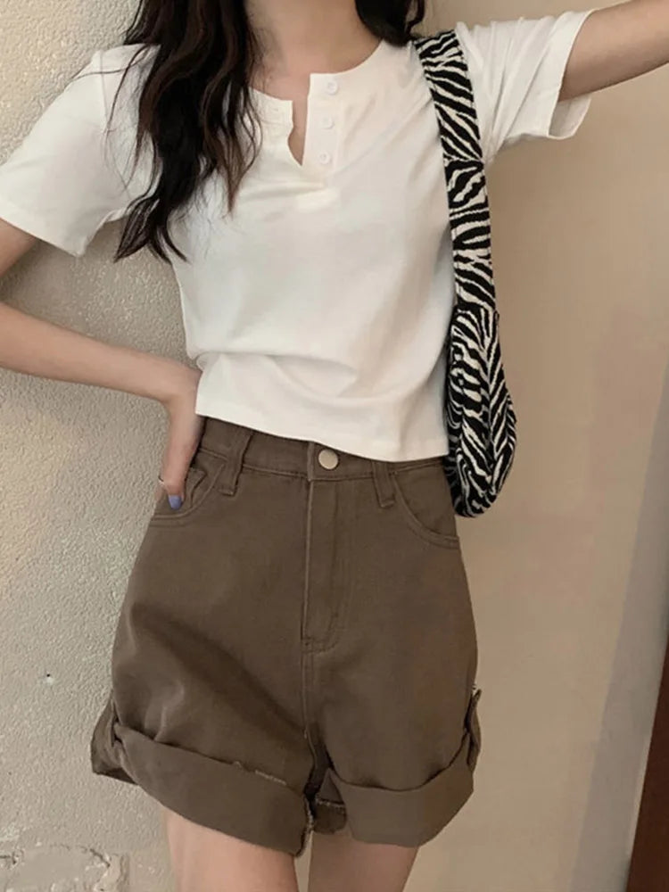 T-shirt Open Button Short Sleeve Crop Top Clothing Basic T Shirt Skinny White Slim Female Tops