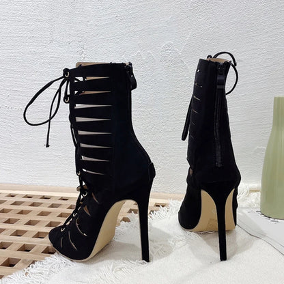 Liyke Summer Hollow Out Cross Tied Ankle Boots Sandals Gladiator Peep Toe Zip Thin High Heels Shoes Black