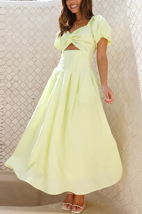 Puff Sleeves Twist Front Cut Out Swing Maxi Dress