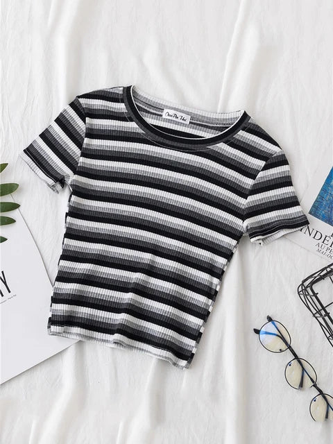 New T Shirt Rainbow Striped Tops Slim Fit T Shirt Harajuku Tshirt Summer Short Sleeve Korean T-shirt Feminina Clothes Tops
