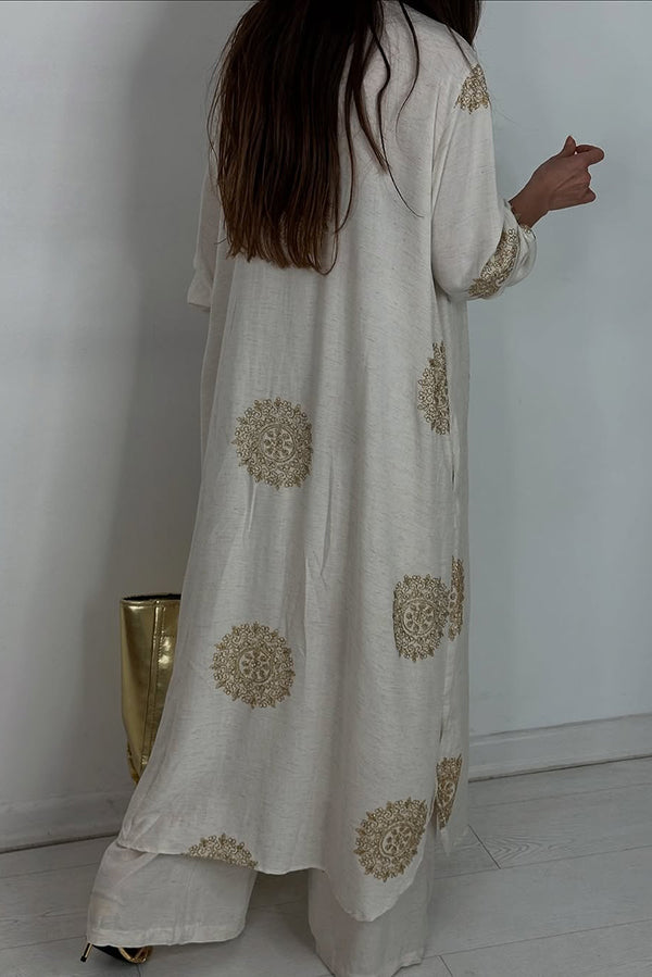 Unique Printed V-neck Long Sleeve Long Shirt and Elastic Waist Pocket Wide Leg Pants Set