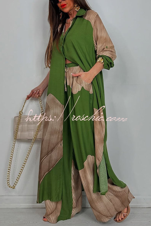 Unique Printed Loose Long Shirt and Elastic Waist Pocket Wide Leg Pants Set