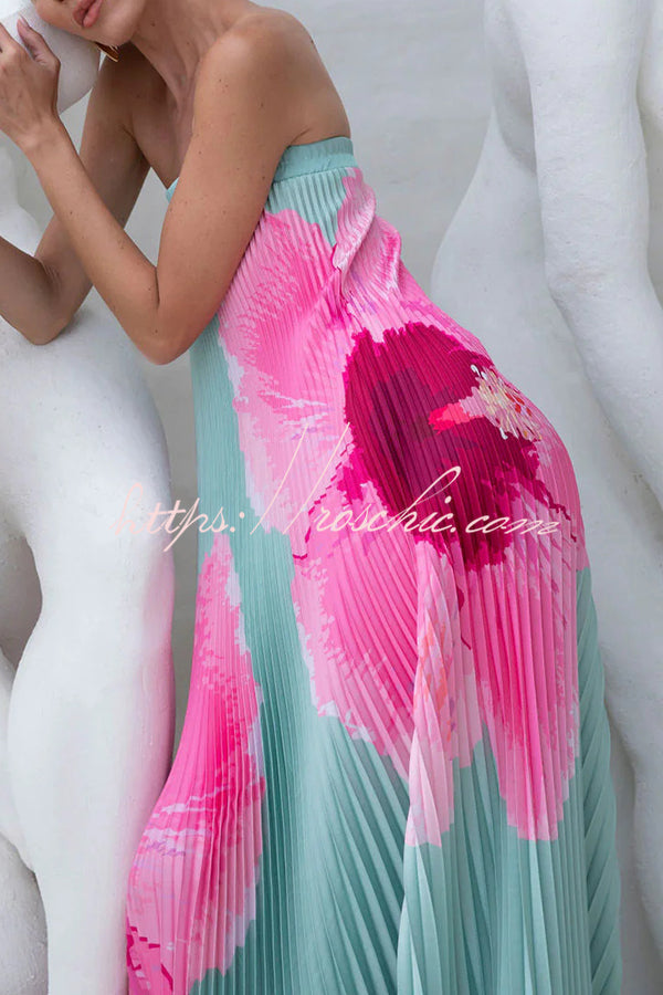All About Her Pleated Print Off Shoulder A-line Maxi Dress