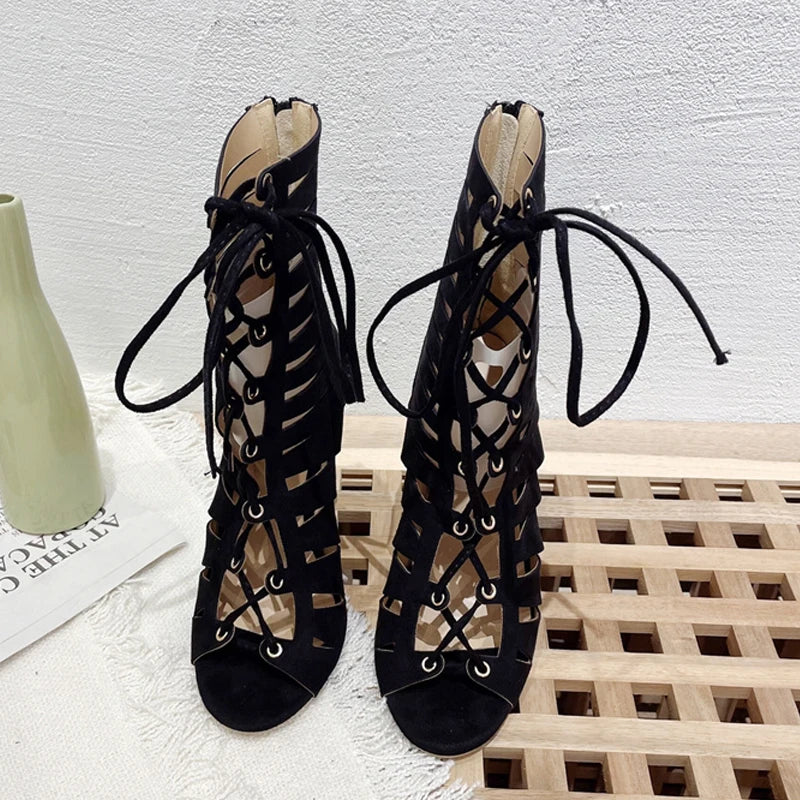 Liyke Summer Hollow Out Cross Tied Ankle Boots Sandals Gladiator Peep Toe Zip Thin High Heels Shoes Black