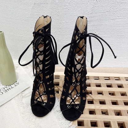 Liyke Summer Hollow Out Cross Tied Ankle Boots Sandals Gladiator Peep Toe Zip Thin High Heels Shoes Black