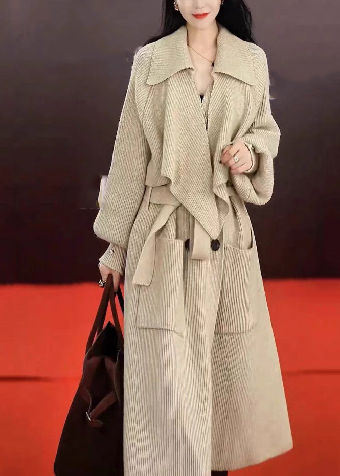 Grey Peter Pan Collar Pockets Tie Waist Knit Long Coats Winter Wd039