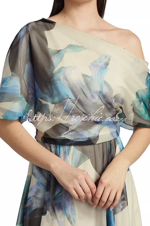 Unique Printed Short-sleeved One-shoulder Maxi Dress