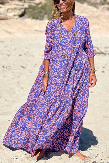 Pattern Printed Half Sleeve Loose Swing Maxi Dresse