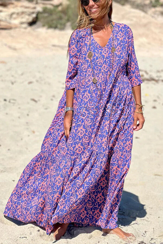 Pattern Printed Half Sleeve Loose Swing Maxi Dresse
