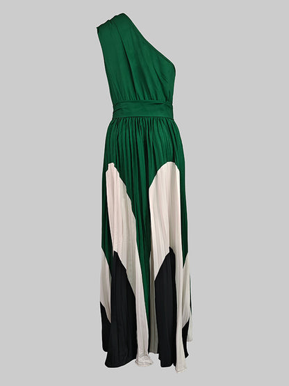 Sleeveless Asymmetric Pleated Printed One-shoulder Maxi Dresses