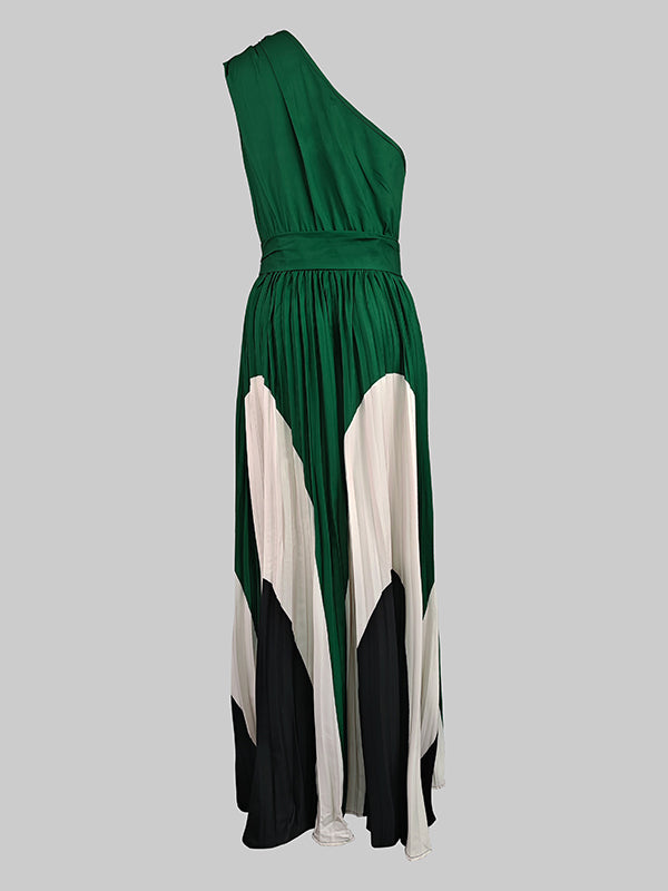 Sleeveless Asymmetric Pleated Printed One-shoulder Maxi Dresses