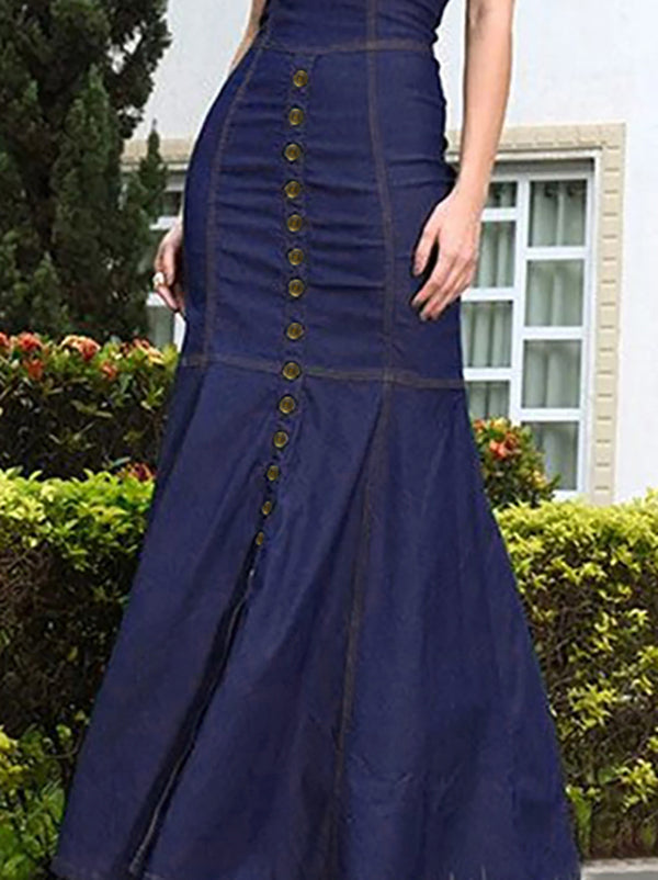 Bodycon Mermaid Buttoned Hollow Split-joint Round-neck Maxi Dresses