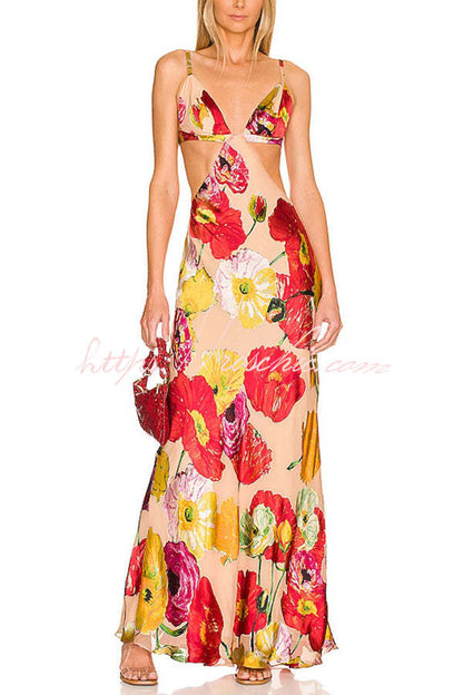 Hawaiian Dreams Satin Print Cutout Backless Maxi Dress