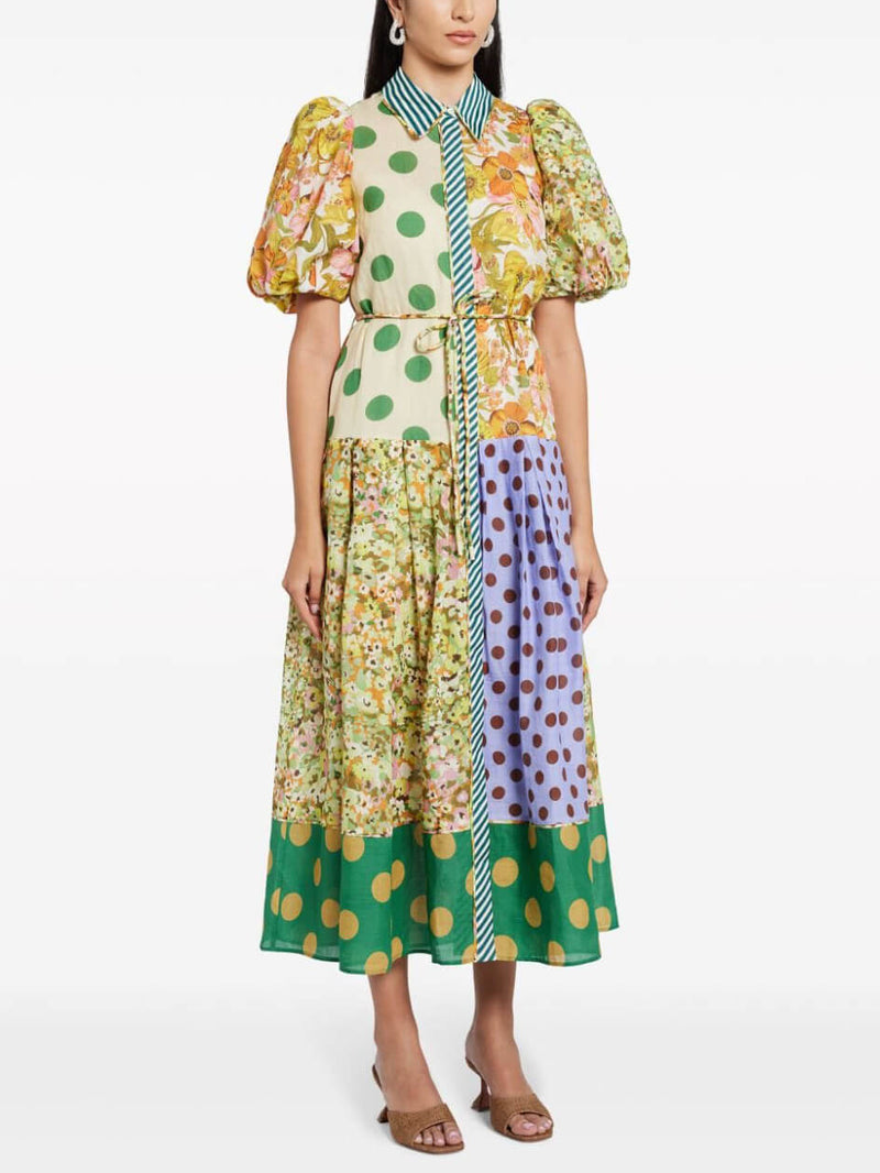 Exquisite Retro Print Puff Sleeve Midi Dress