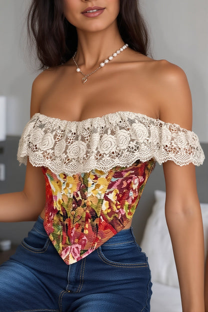 Art Print Lace Panel Boned Jacquard Cami Blouse