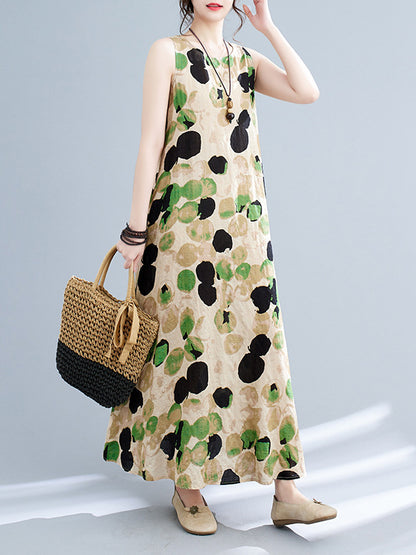 Loose Sleeveless Printed Split-joint Round-neck Maxi Dresses
